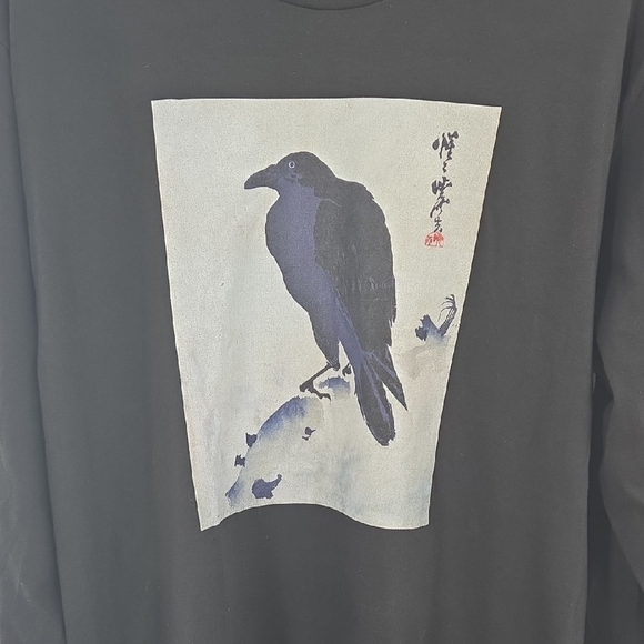 Black Long Sleeve Shirt With Japanese Kyosai Crow/Raven Art NEW - Picture 6 of 16